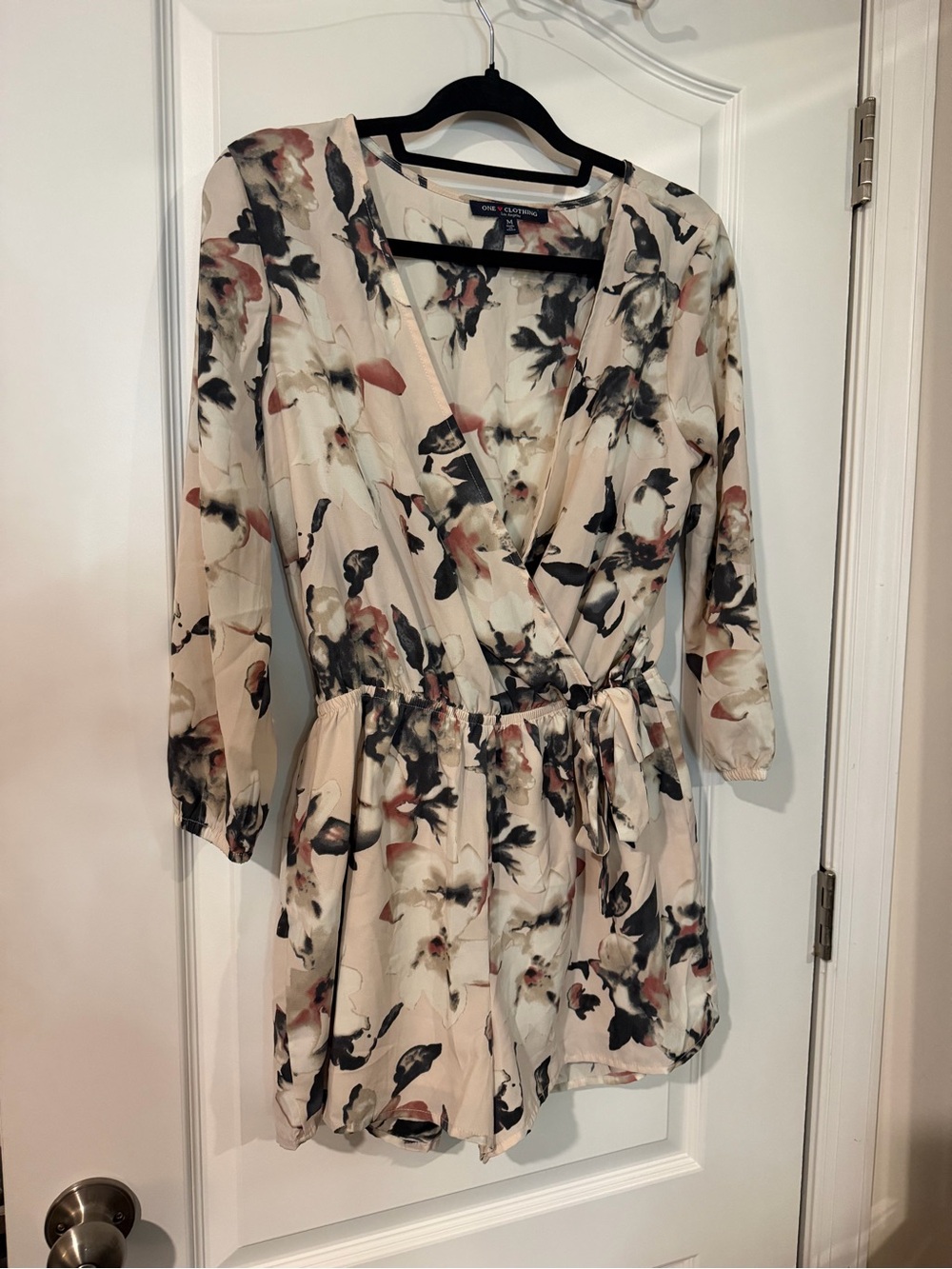one clothing Cream Floral Long-Sleeve Wrap Romper